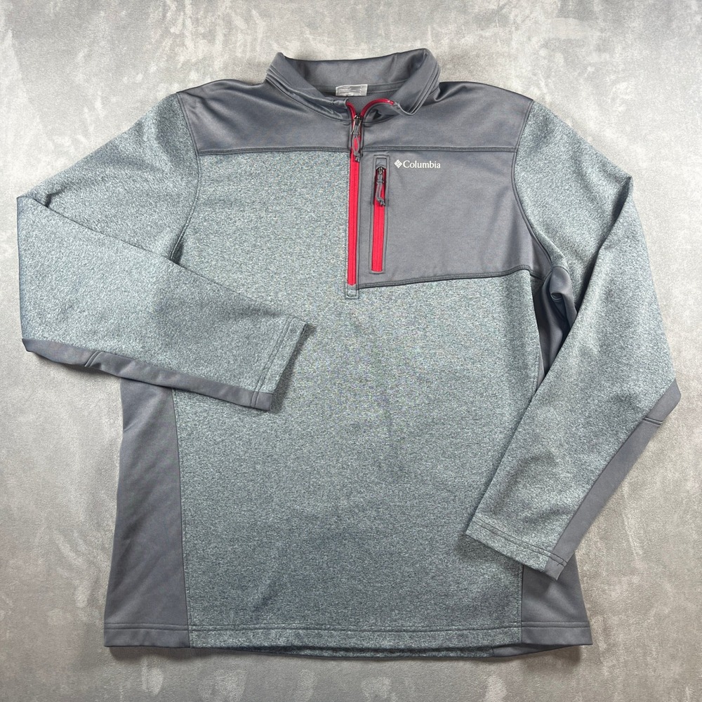 Columbia Mens Large Gray Quarter Zip Fleece Pullover Jacket XM0673 Red Trim